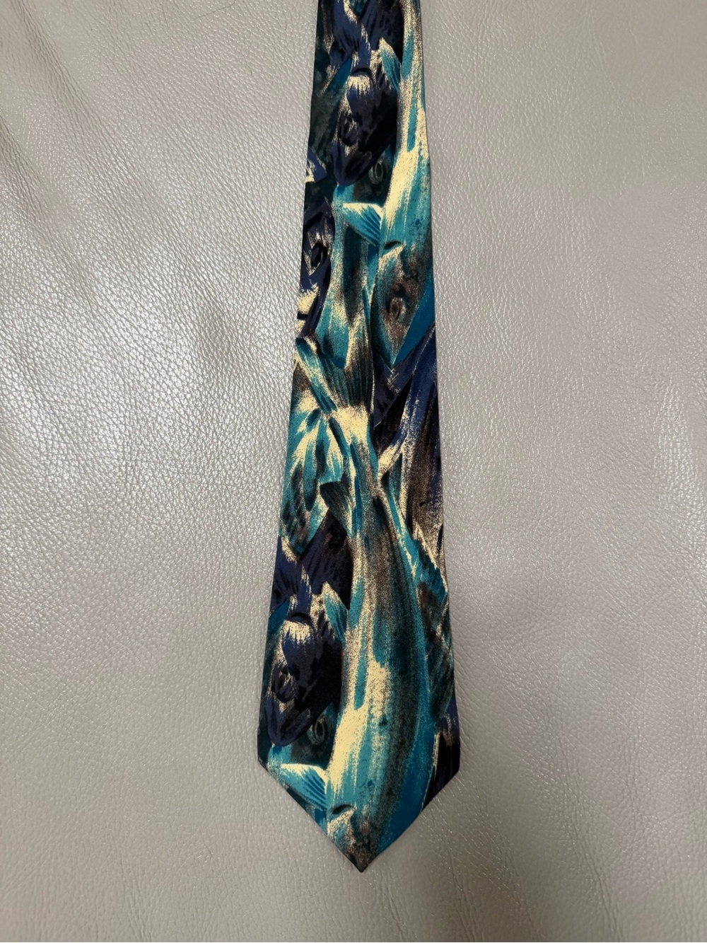 Vintage Charles Jourdan Teal, Navy & Cream Abstract 100% Silk Tie